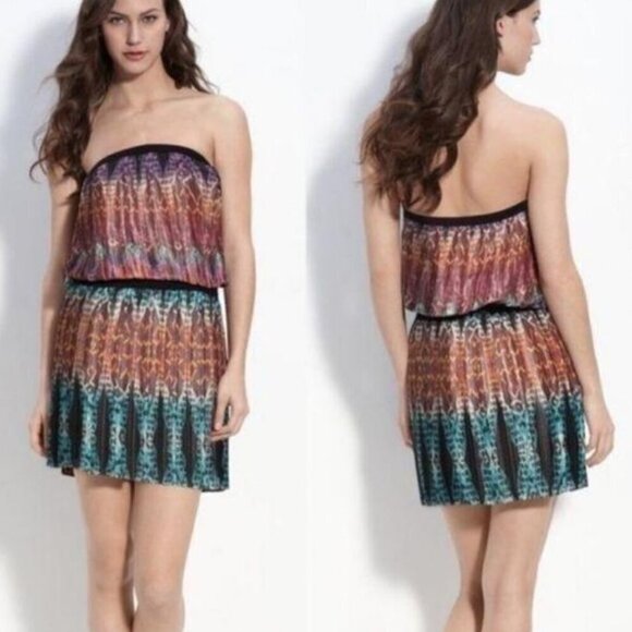 BCBG Maxazria Boho Mini Dress Large Strapless Tribal Print Pleated Georgette - Picture 3 of 6